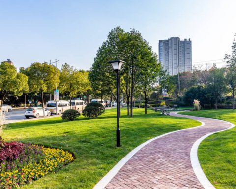 A beautiful landscaped outdoor area with a brick pathway in front of a modern commercial building and busy street.