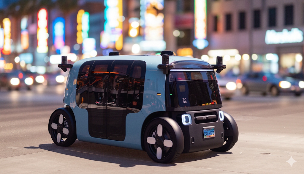 Zoox autonomous robotaxi operating on the Las Vegas Strip